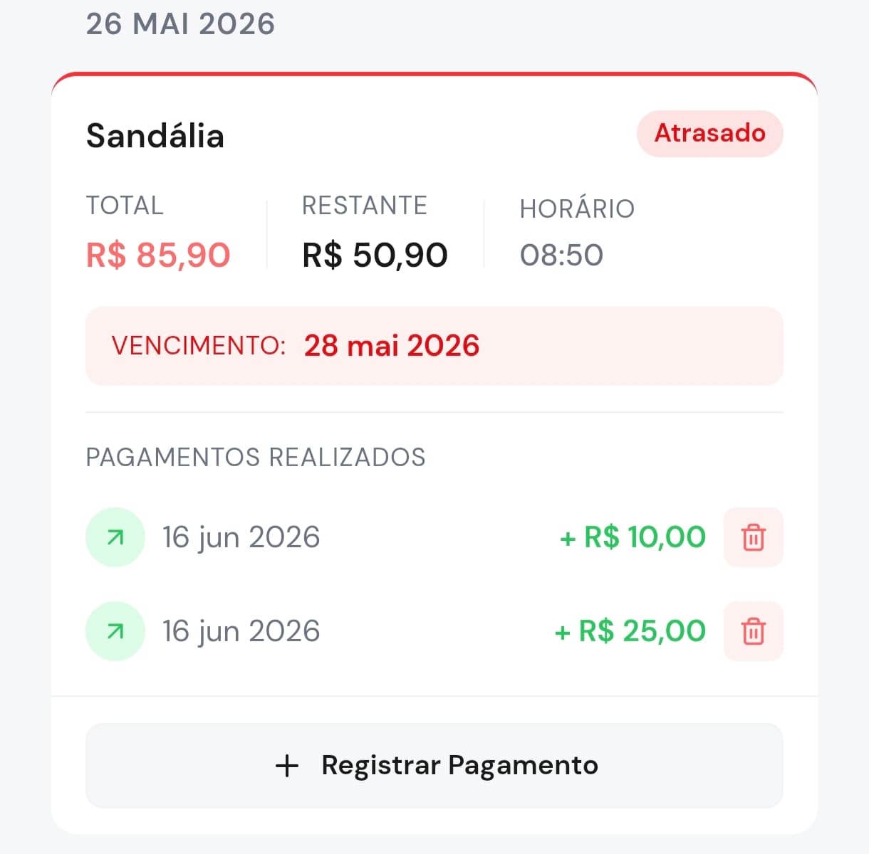 Exemplo de dívida detalhada no Fiado Certo