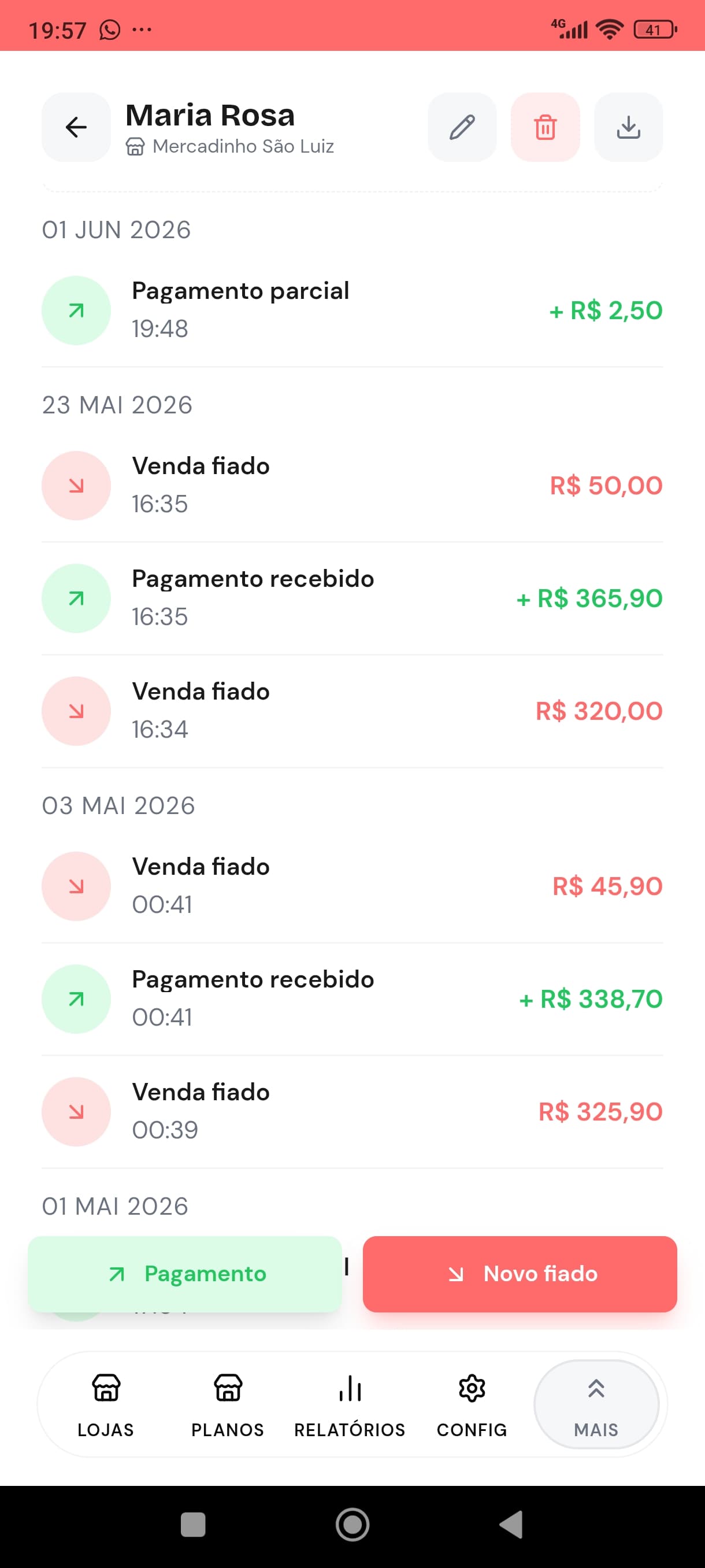 Exemplo de dívida simples no Fiado Certo